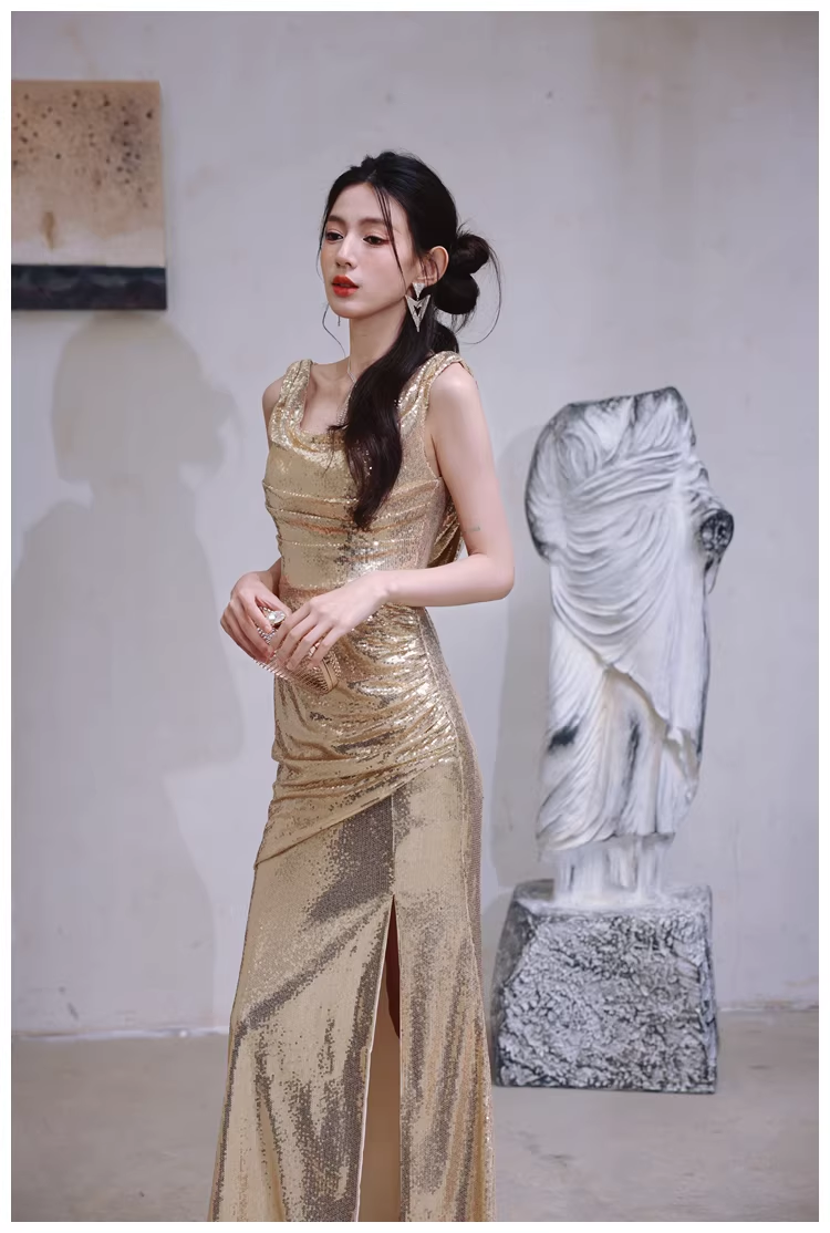 Fashion Gold Sleeveless Sequin Slit Mermaid Long Evening Dress Formal Wedding Guest Dress