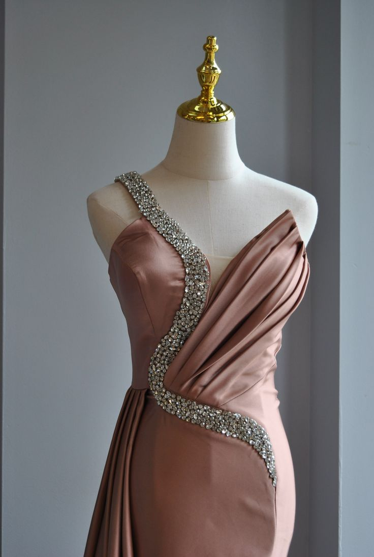 Vintage One Shoulder Satin Beaded Mermaid Prom Dress,Rose Pink Evening Dress Party Gown