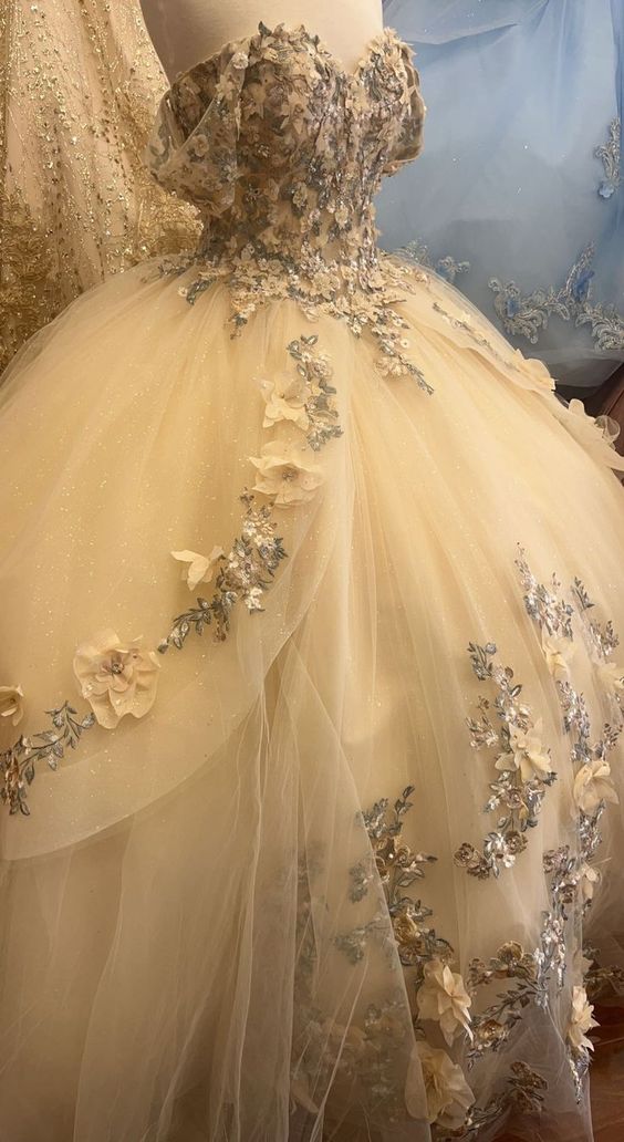 Champagne quince dress with flowers corest sweet16 dress off the shoulder ball gown
