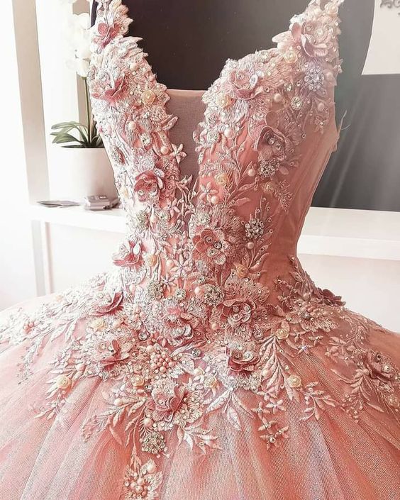 A-line V Neck Pink Ball Gown Sweet 16 Dress 3D Flowers