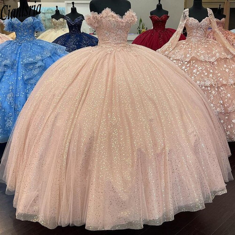 Off the shoulder pink ball gown glitter sweet 16 dress birthday dress