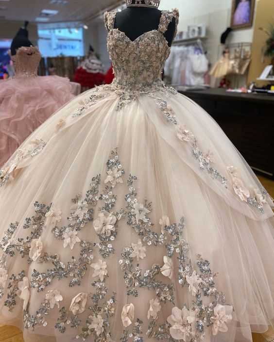 A-line Tulle Ball Gown Puffy Sweet 16 Dress 3D Flowers Birthday Dress