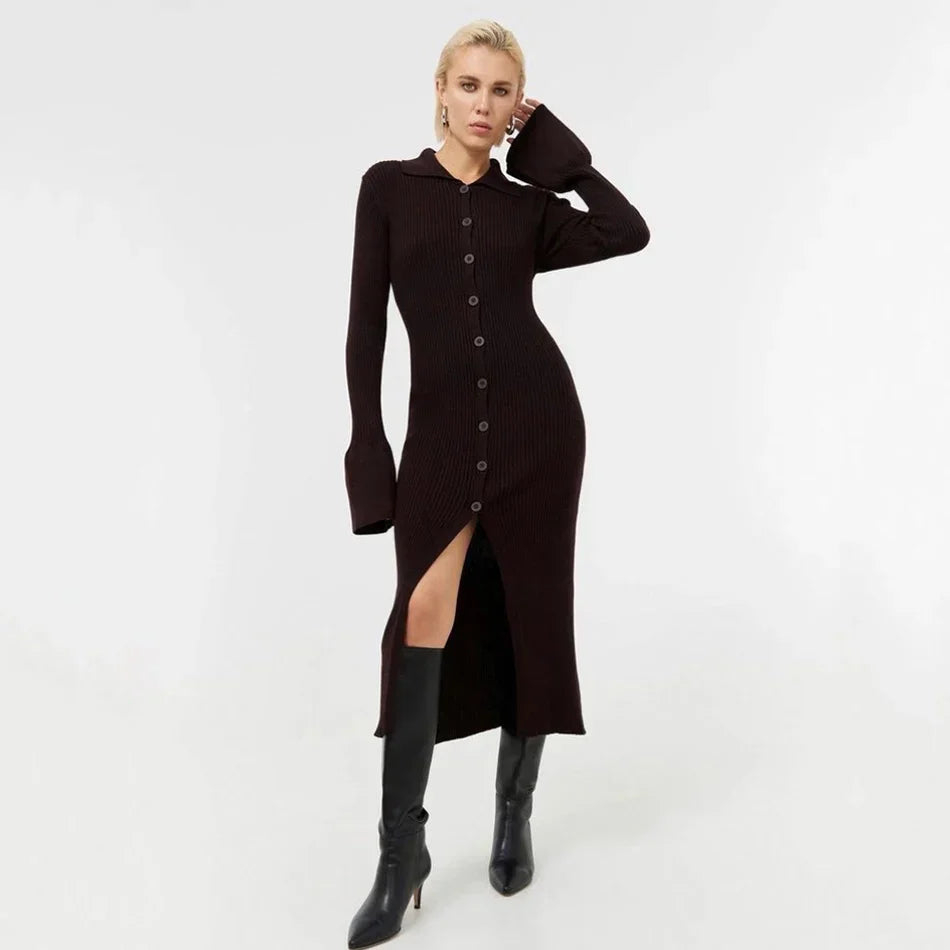 Autumn Bodycon Dress Sweater Knitted Green Women Sexy Midi Split V Neck Long Sleeve Casual Dresses Party Vestidos black