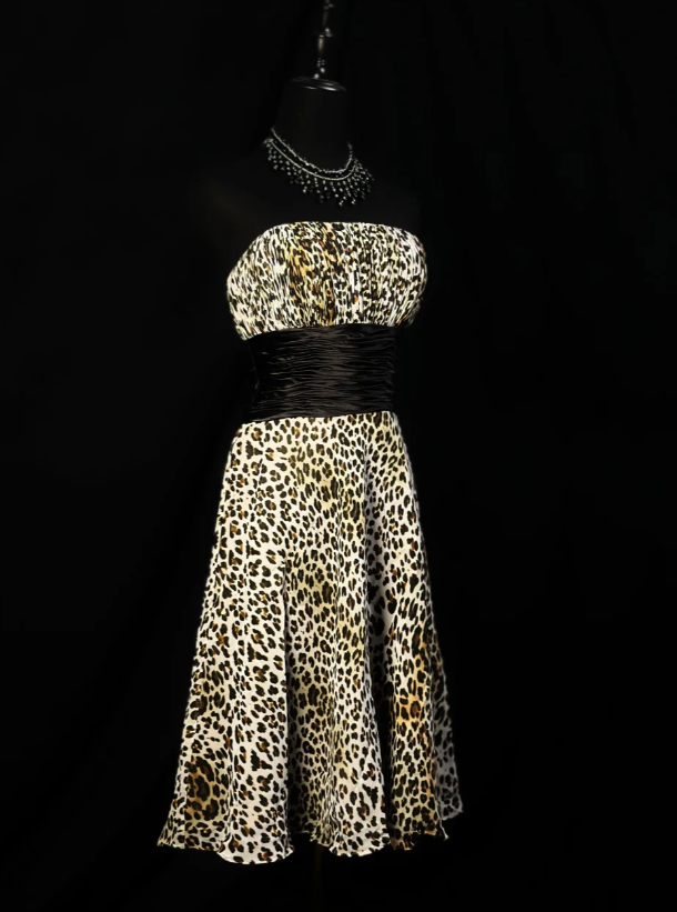 Vintage Leopard Chiffon Beaded Homecoming Dress Strapless Cocktail Dress