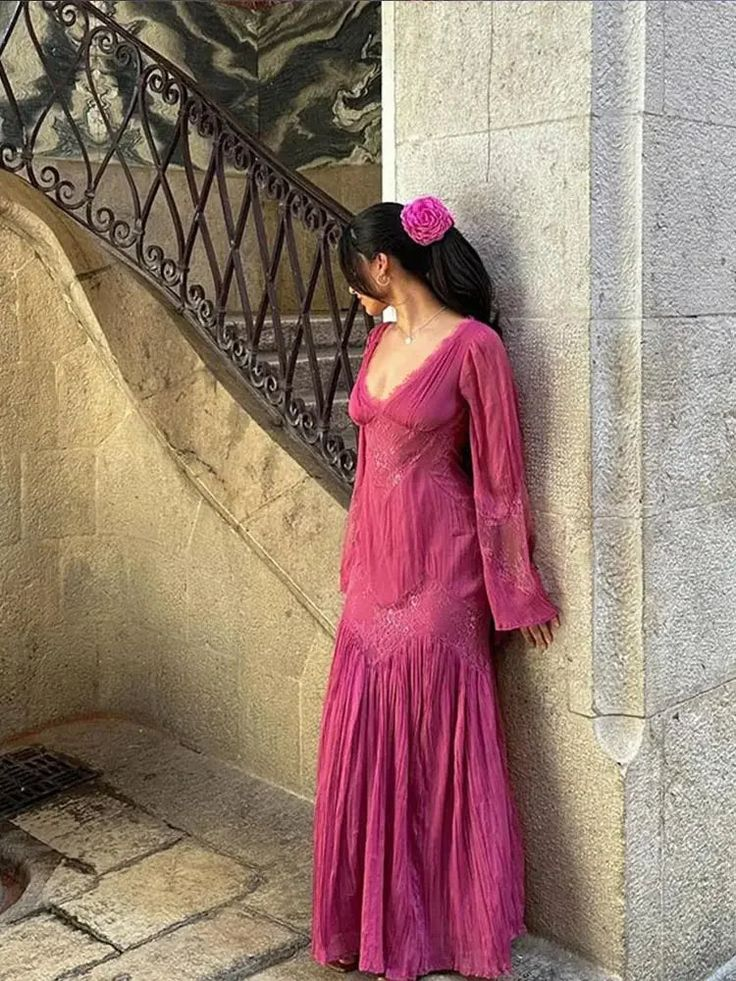 Pink Chiffon Lace Party Dress Elegant Long Prom Dress