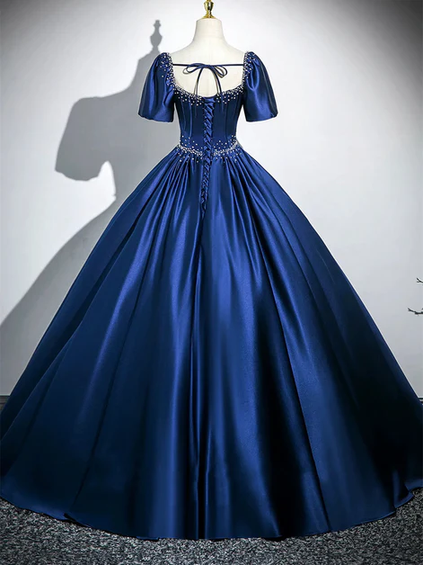 Charming Navy Blue Satin Sweetheart Pearls Beaded Party Prom Dress, A Line Ball Gown