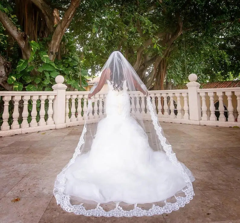 Beautiful Lace Wedding Veil 1 Layer 3M Long Bridal Veil Cathedral Wedding Veil Bridal Accessories in White , Off white , Ivory