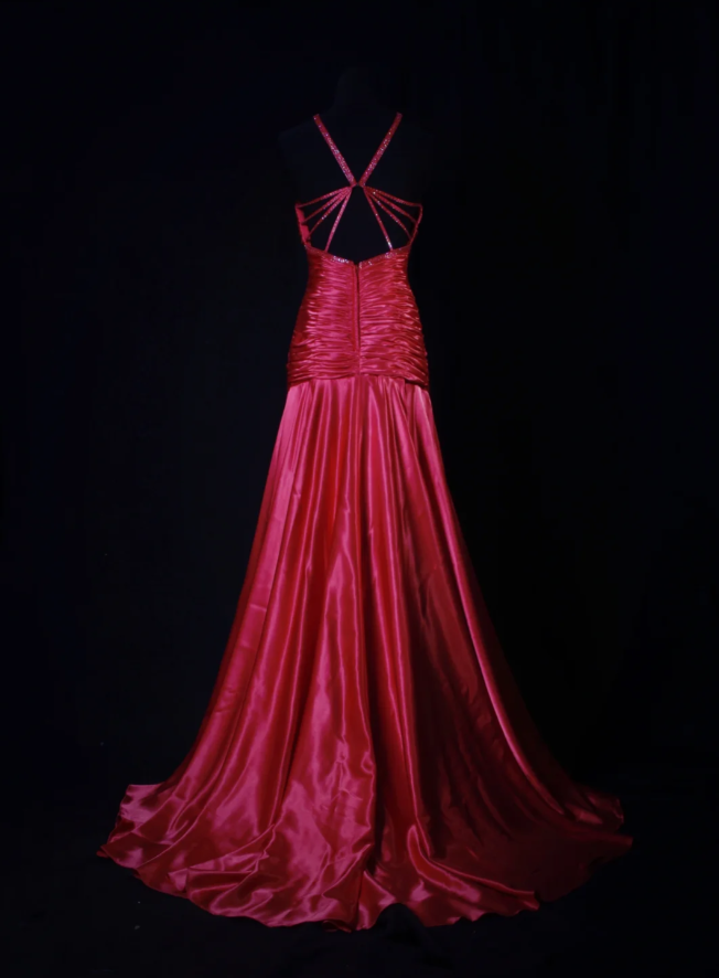 Fashion V Neck Satin Pleated Beaded Mermaid Long Evening Dress Formal Wedding Guest Dress