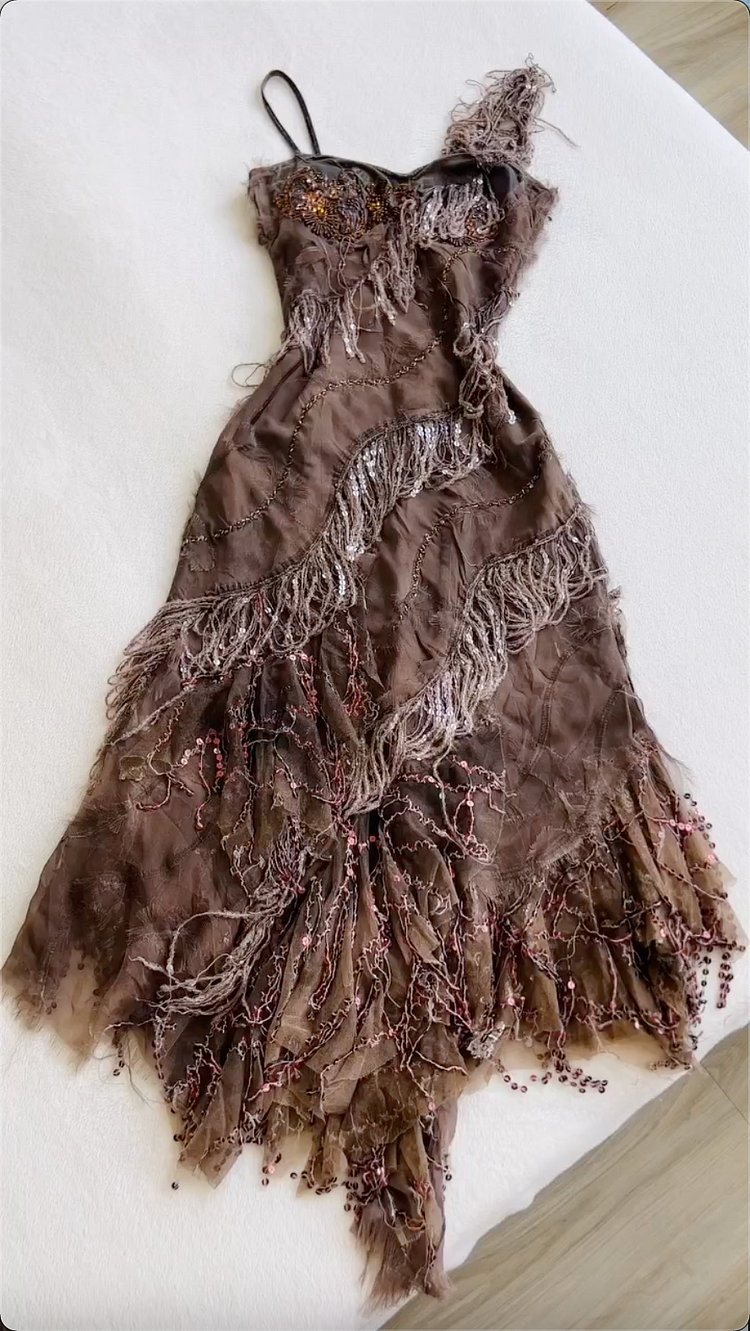 Vintage Brown Sequin Beaded Evening Dress,Formal Mermaid Prom Dress