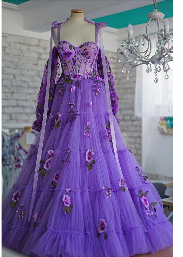 Purple A line Tulle Prom Dresses with Side Slit, Appliques Party Dress