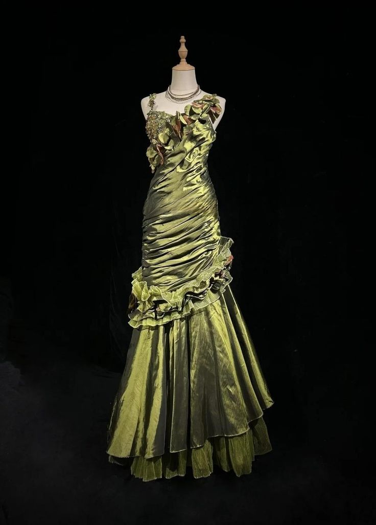 Vintage Green Satin Pleated Beaded Prom Party Dress,Long Mermaid Evening Dress