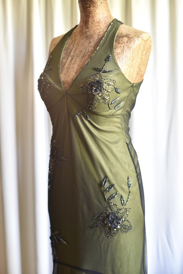 Vintage Olive Green Satin Tulle Beaded Mermaid Evening Dress Backless Long Party Dress
