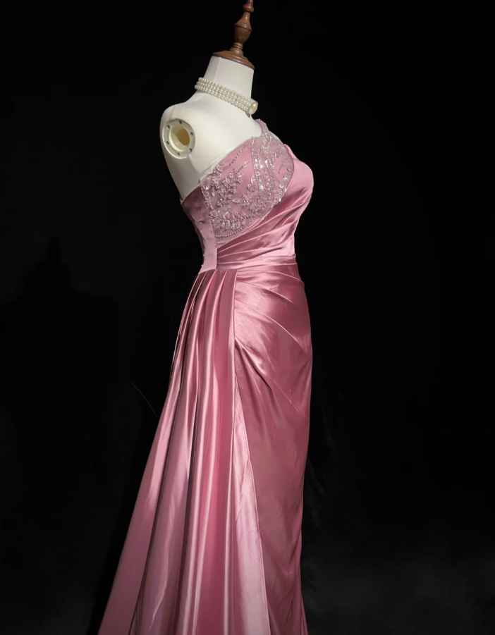 Chic One Shoulder Satin Sequin Beaded Mermaid Long Evening Dress Formal Pink Wedding Guest Dress