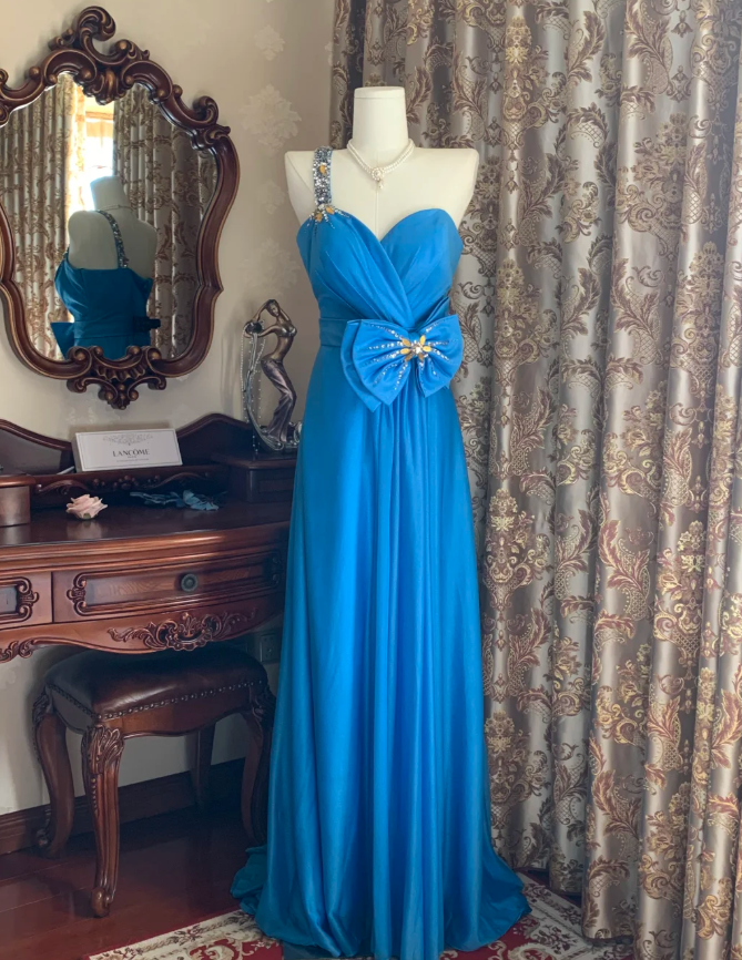 Vintage One Shoulder Blue Satin Beaded Long Wedding Guest Dress Birthday Party Dress With Bow