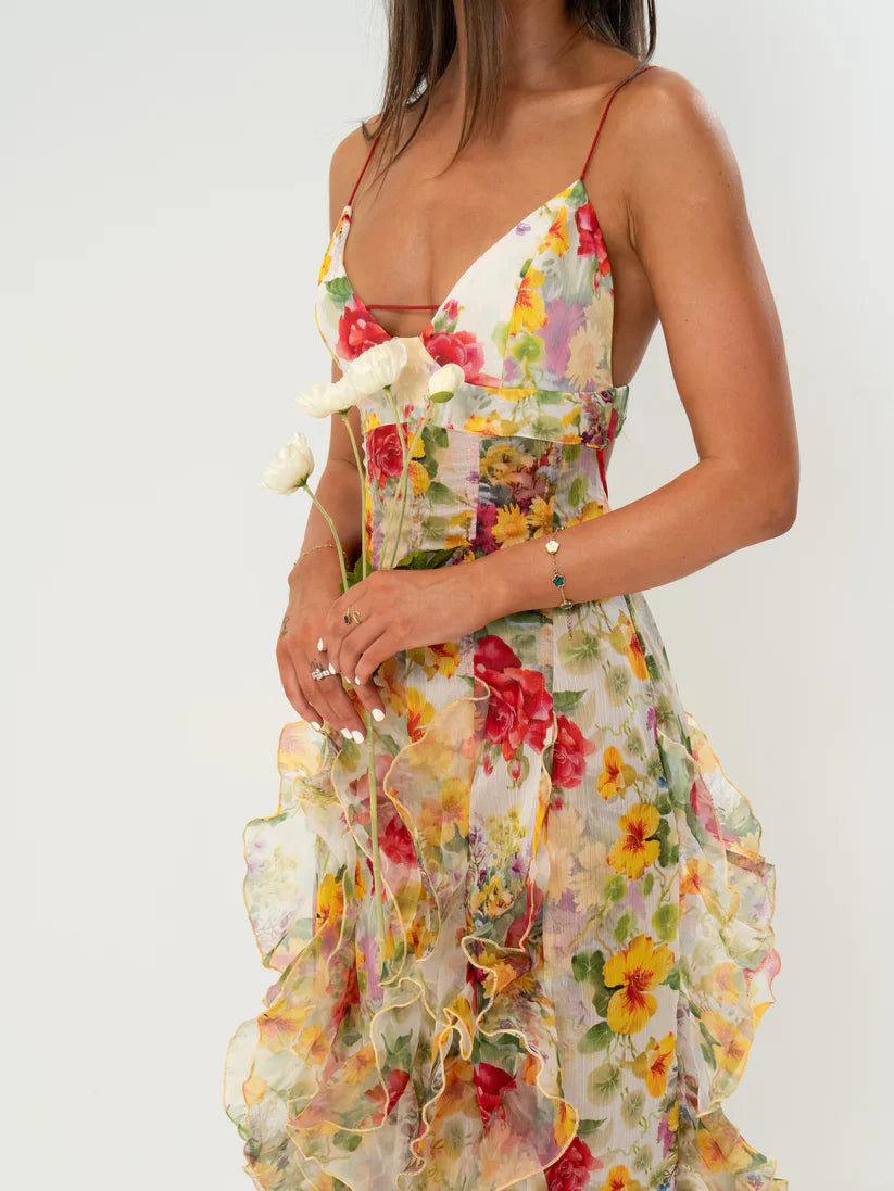 Beautiful Floral Ruffle Long Prom Dress,Formal Party Evening Gown