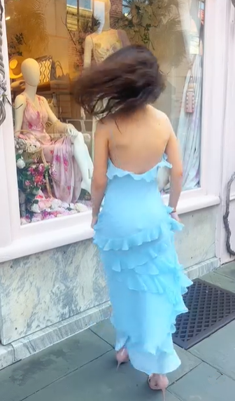 Blue Spaghetti Straps Chiffon Ruffle Prom Dress Long Party Dress