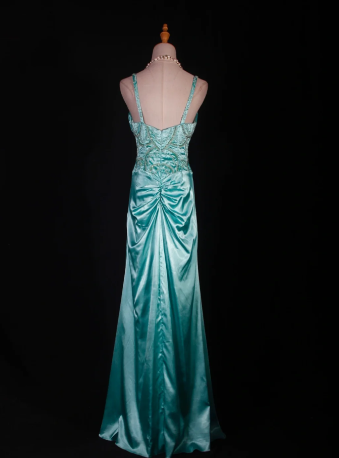 Classy V Neck Green Satin Beaded Mermaid Evening Dress Long Birthday Party Dress
