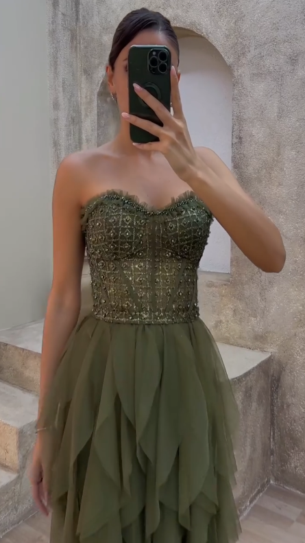 Vintage Green Tulle Beaded A Line Party Dress,Formal Prom Evening Gown
