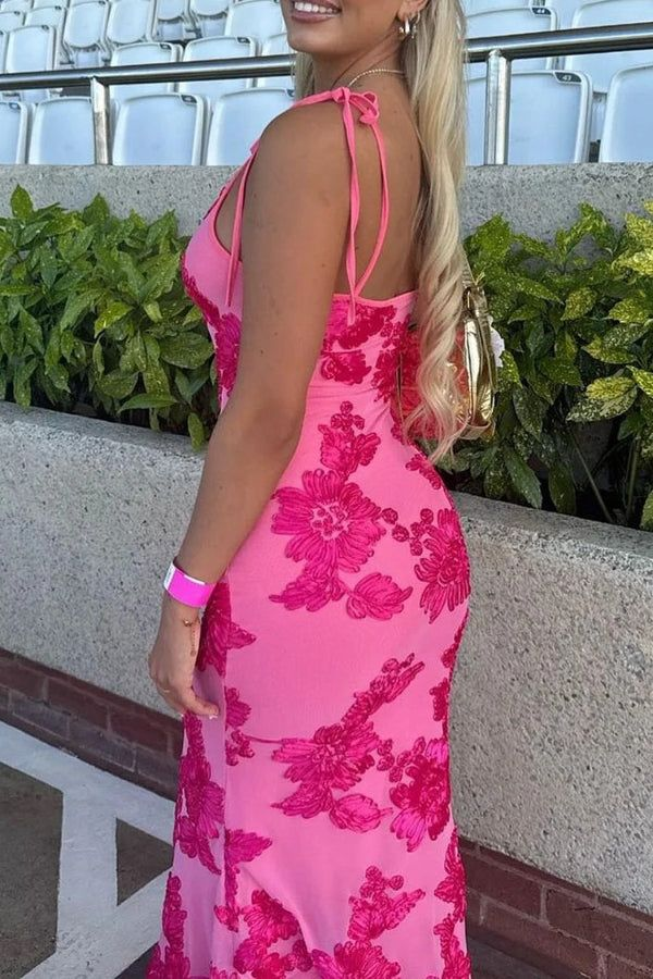 Gorgeous Pink Satin Print Floral Evening Dress Long Mermaid Prom Party Dress