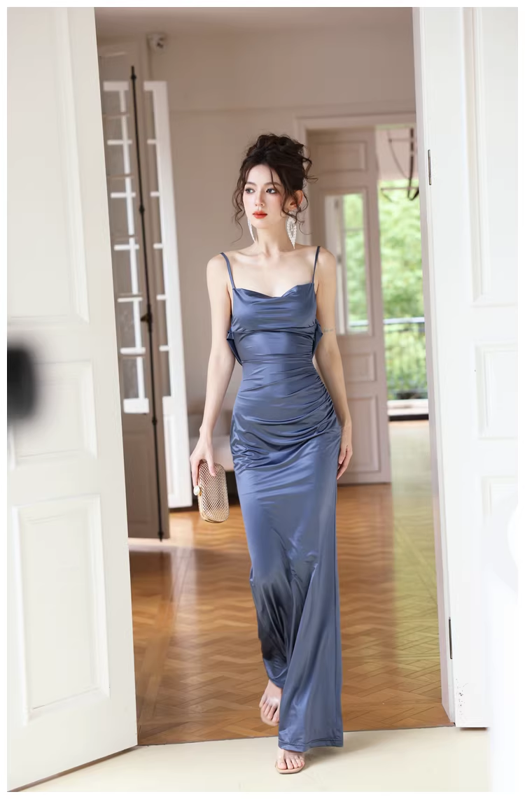 Classy Spaghetti Strap Blue Satin Mermaid Backless Evening Dress Long Wedding Guest Dress