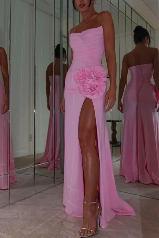 Pretty Pink Strapless Pleated Flower Mermaid Prom Dress Evening Dress With Slit