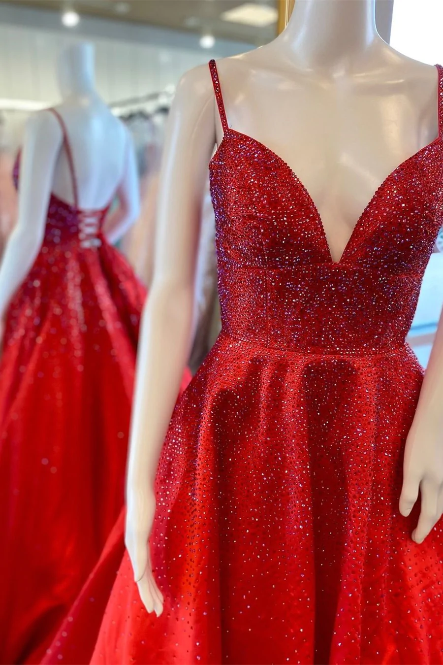 Spaghetti Straps Red Satin Beaded A-line Long Formal Gown Red Prom Dress