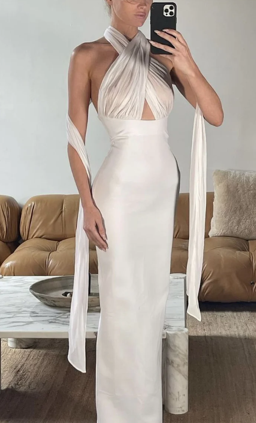 Sexy Halter White Sheath Long Prom Dress Party Dress