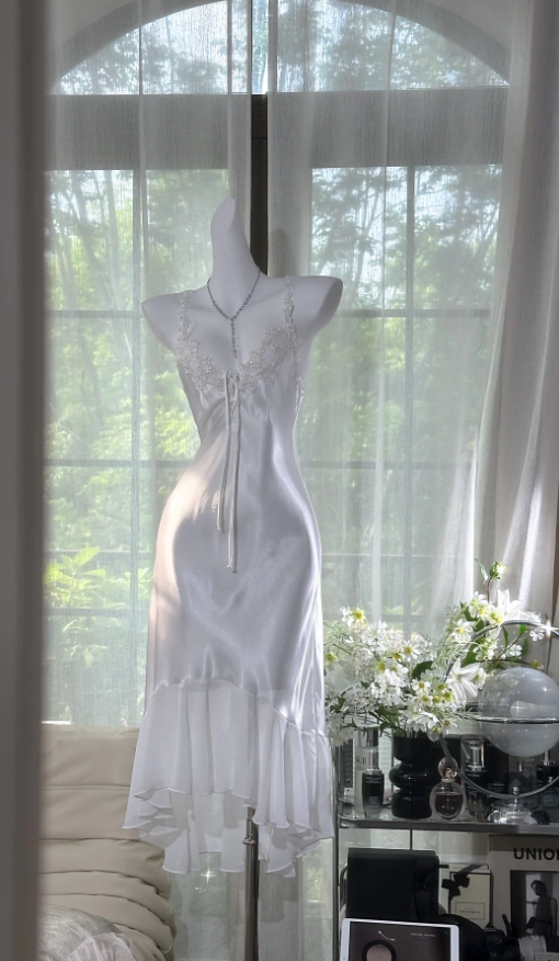 Beautiful White Spaghetti Straps Satin Appliques Chiffon Mermaid Prom Dress Long Evening Dress