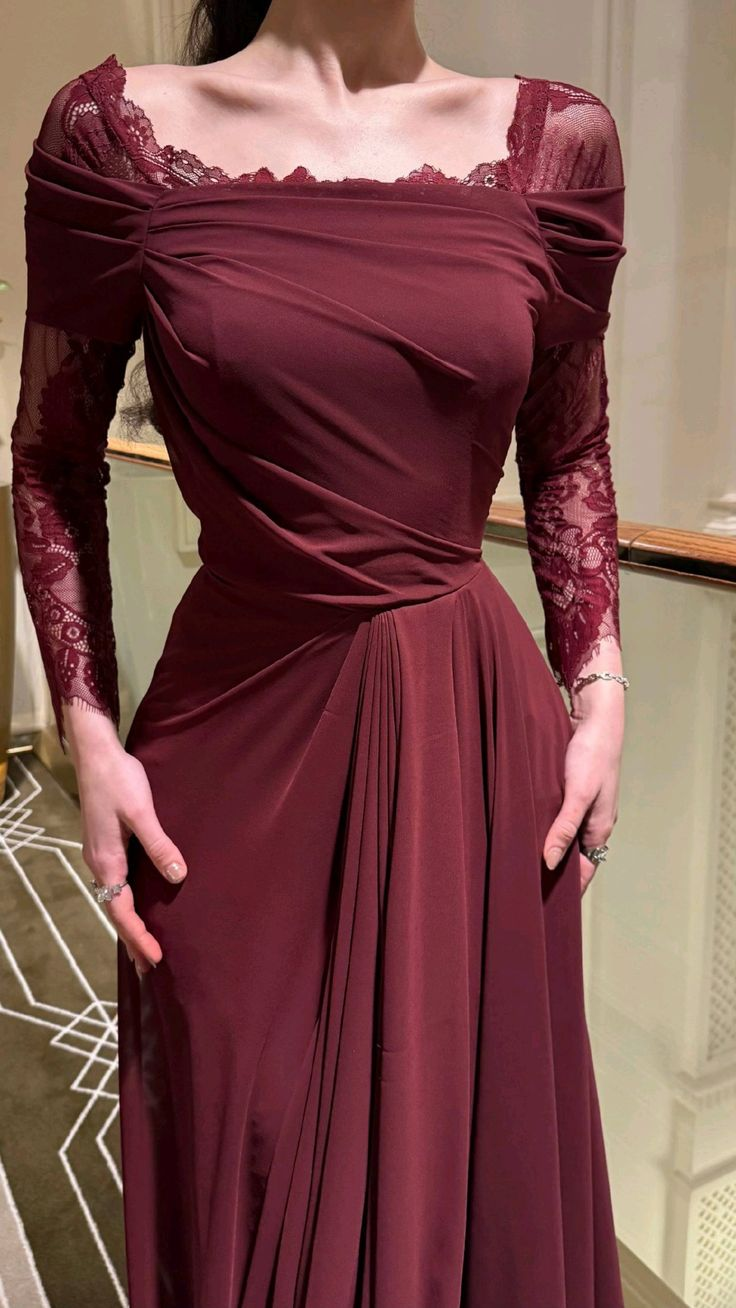 Charming Burgundy Chiffon Lace A Line Long Wedding Guest Dress Formal Birthday Party Dress