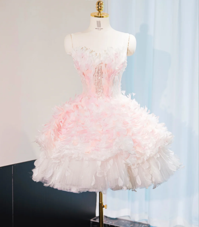 Sweet Pink Princess Tulle Feathers Short Birthday Dress Homecoming Dress