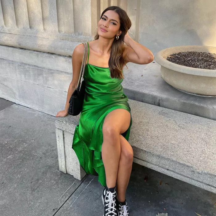 New Sling Ice Silk Slit Vacation Dresses Green Prarty Dress Backless Prom Dress