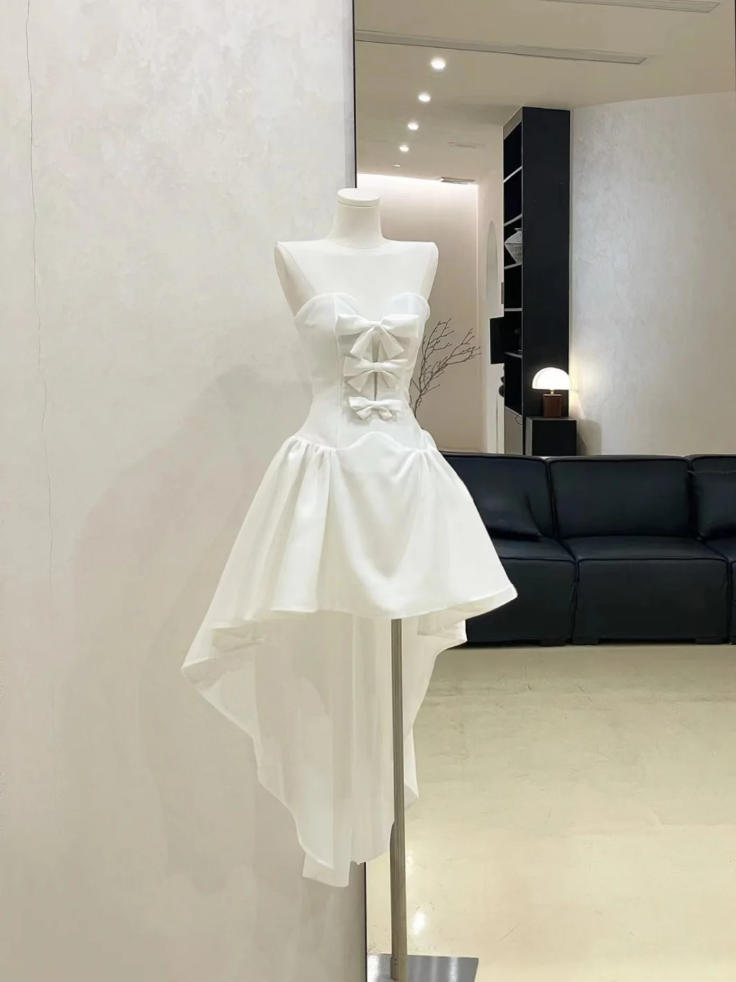 Simple White Strapless Hi-Low Party Dress Elegant Homecoming Dress With Bow