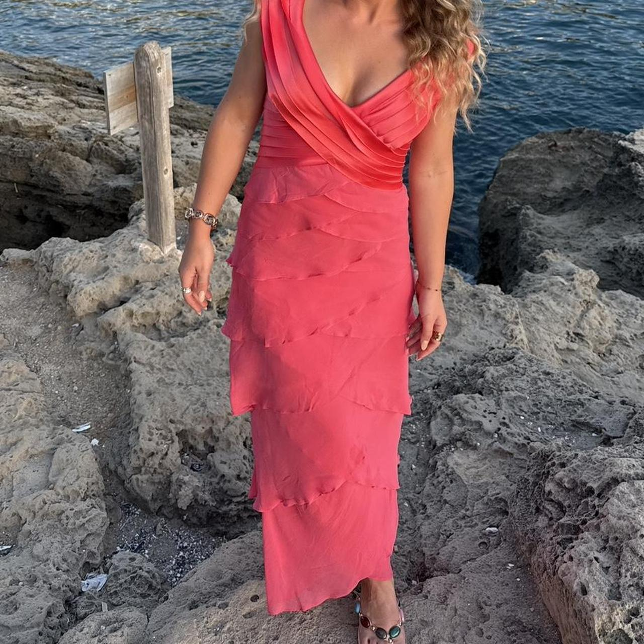 Classy V Neck Satin Chiffon Pleated Rose Pink Long Party Dress Formal Wedding Guest Dress