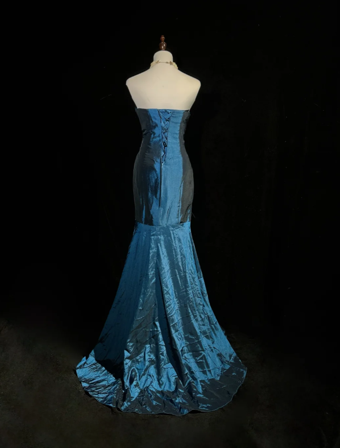 Vintage Strapless Navy Blue Satin Pleated Beaded Mermaid Long Party Dress Evening Dress