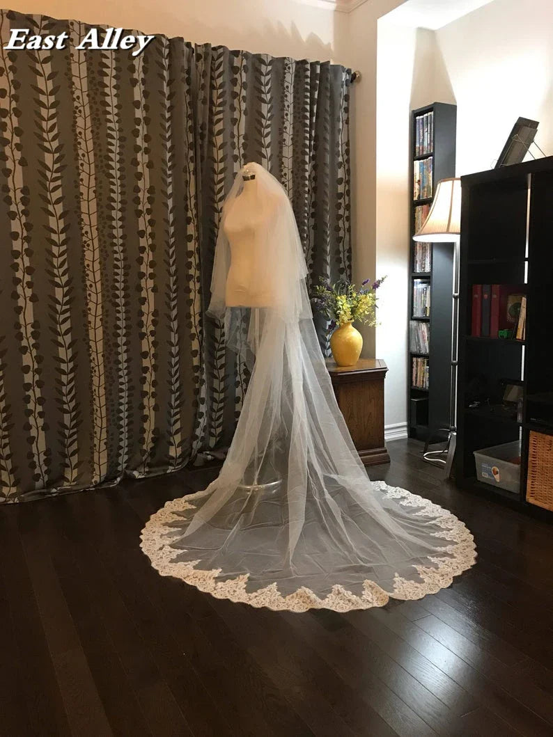 Cathedral Lace Veil 2-Tier 100" wide X 100" (2.5 meter) long Lace Trim on Floor Section