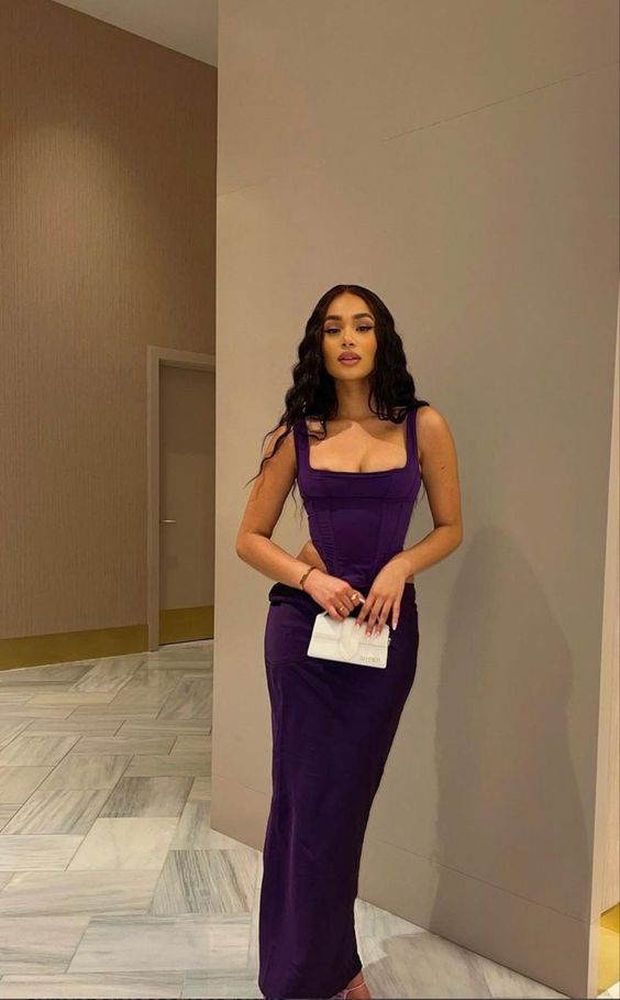 Dark Purple Floor Length Prom Dress Simple Straps Evening Dress