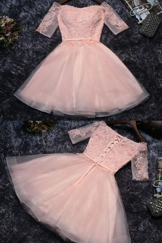 Cute Appliques Tulle Half Sleeves Short Prom Dress,Mini Off-shoulder Homecoming Dress