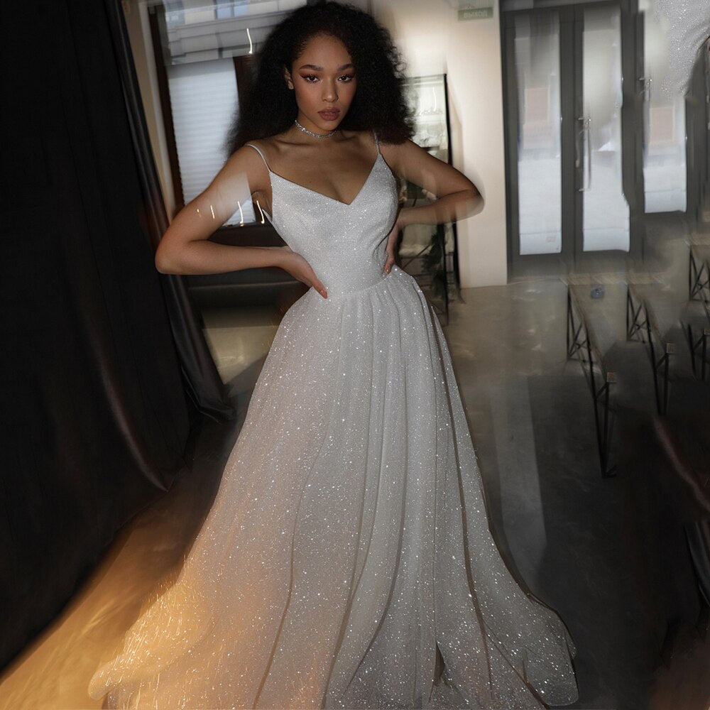 Sparkly V Neck Spaghetti Strap Wedding Dresses Simple Sparkly Tulle Train Wedding Dress
