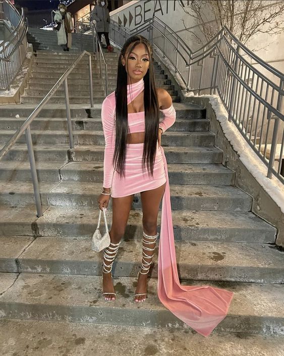 Pink One Shoulder Belt Cut Party Dress Ladies Sexy Long Sleeve Backless Nightclub Dress Elegant Fitness Birthday Dress