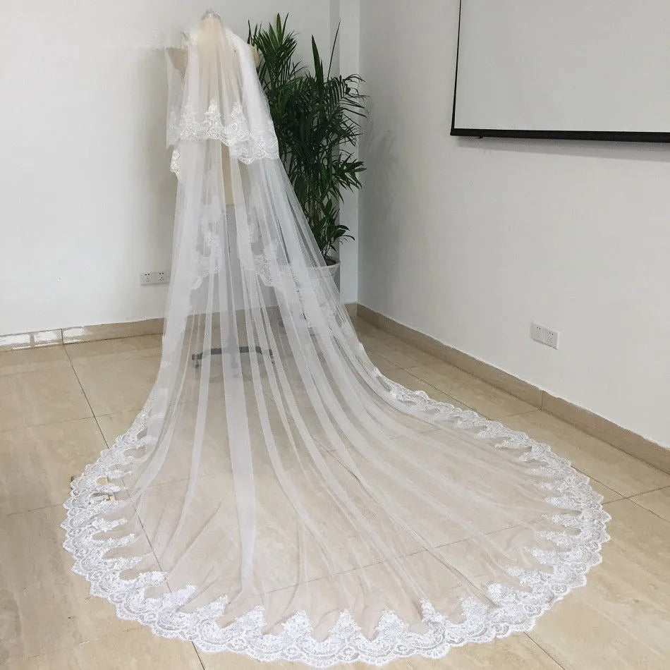 2 Layer Cathedral Wedding Veil 3m Long Lace Bridal Veil with Comb Elegant White Bridal Accessory Ivory