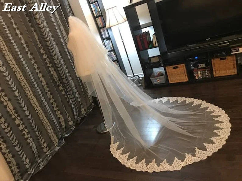 Cathedral Lace Veil 2-Tier 100" wide X 100" (2.5 meter) long Lace Trim on Floor Section