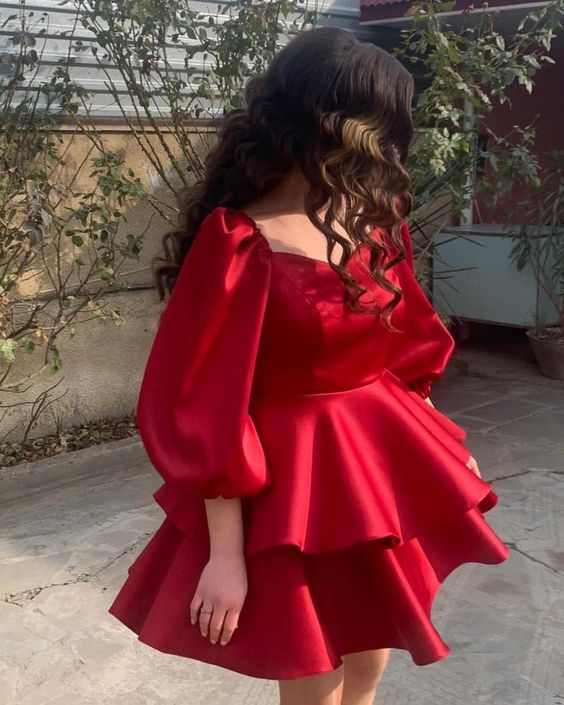 Cute Simple short prom dress A-line Sweetheart neck Party Puff sleeves Homecoming Dress