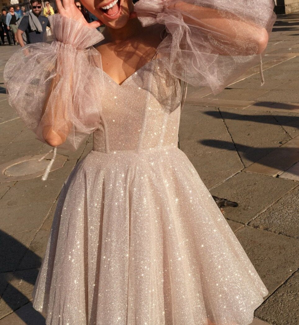 short evening dress with lantern sleeves, graduation dress sparkly homecoming dress