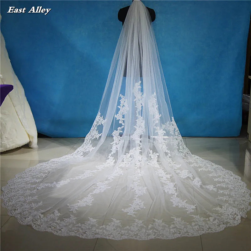 3M Long Lace Applique Wedding Veil 2.8M Wide Cathedral Bridal Veil Wedding Accessories Metal Comb Ivory