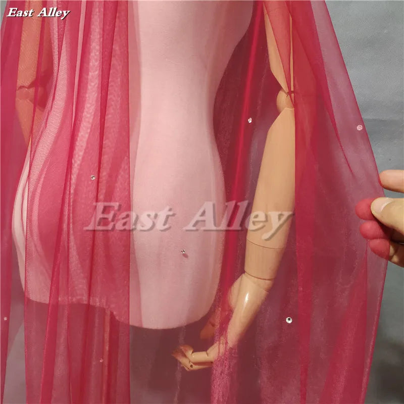 Burgundy Color Scattered Crystal Wedding Veil 3 Meter Bridal Veil Long Veil Cut Edge