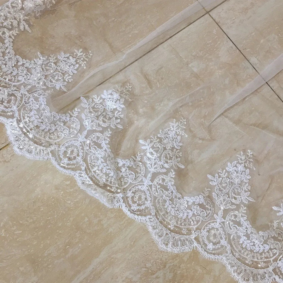 2 Layer Cathedral Wedding Veil 3m Long Lace Bridal Veil with Comb Elegant White Bridal Accessory