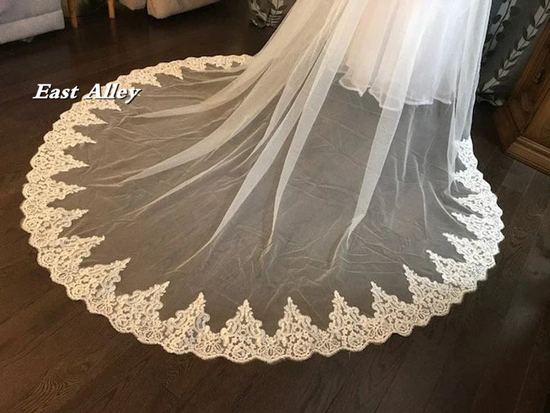 Cathedral Lace Veil 2-Tier 100" wide X 100" (2.5 meter) long Lace Trim on Floor Section