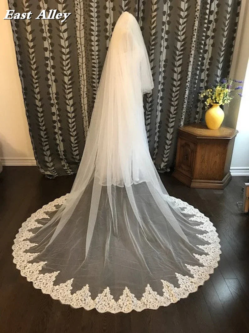 Cathedral Lace Veil 2-Tier 100" wide X 100" (2.5 meter) long Lace Trim on Floor Section