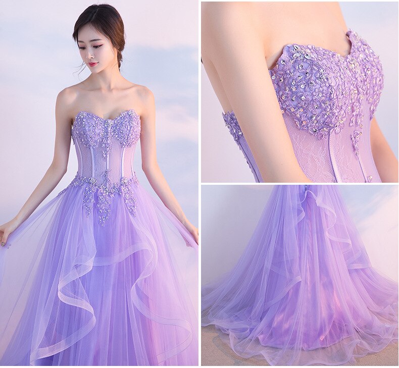 Lilac Sweetheart Tulle Prom Dress Beaded Sequined Princess Prom Dress