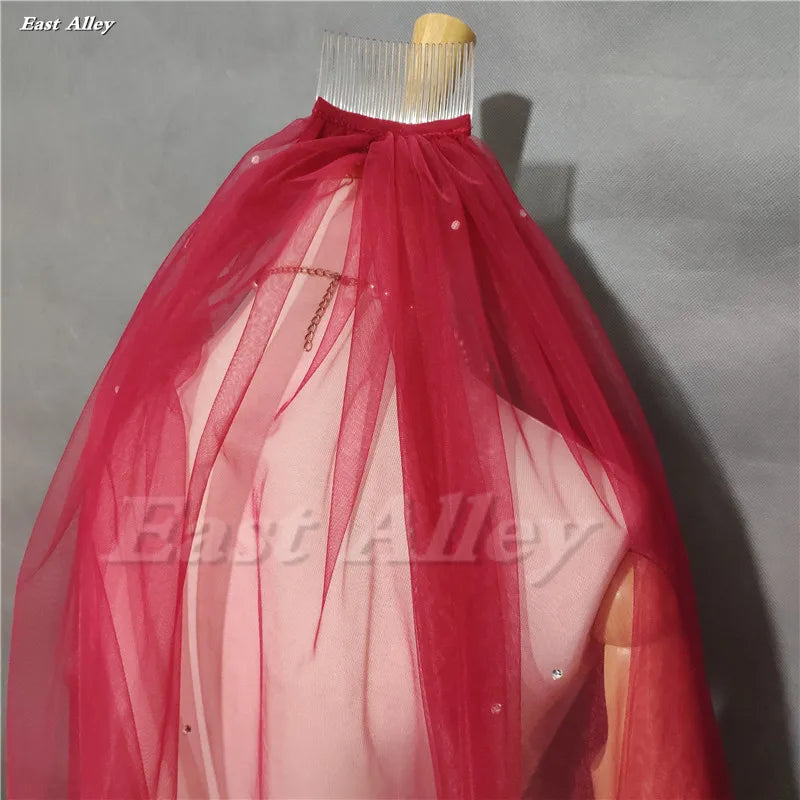 Burgundy Color Scattered Crystal Wedding Veil 3 Meter Bridal Veil Long Veil Cut Edge